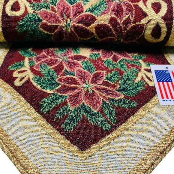 Christmas Tapestry Table Runner Maroon Green Metallic 72" NEW - Picture 4 of 9